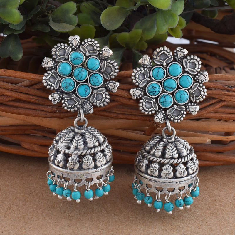 Oxidized Silver Turquoise Jhumki Earrings