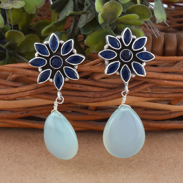 Handcrafted in 925 Sterling Silver Earring Chalcedony Gem stone & Flower Drop Shape