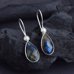 Handcrafted in 925 Sterling Silver Studded With Labradorite & Pearl  Gem  Stone 