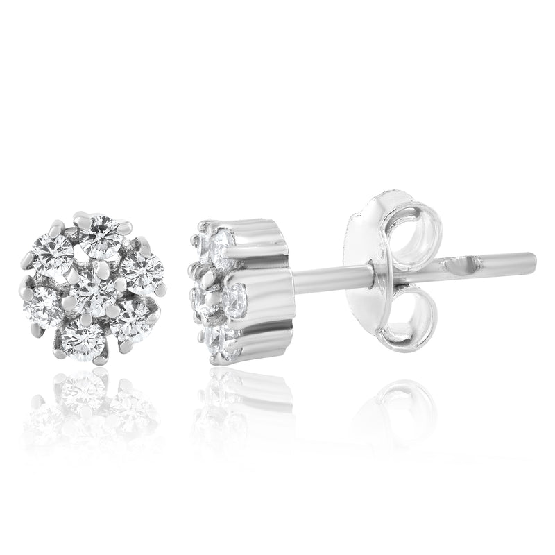 Handcrafted in 925 Sterling Silver Earring Studded With Cubic Zirconia Flower Round Shape With White Background 