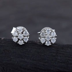 Handcrafted in 925 Sterling Silver Earring Studded With Cubic Zirconia Flower Round Shape With  Black Background 