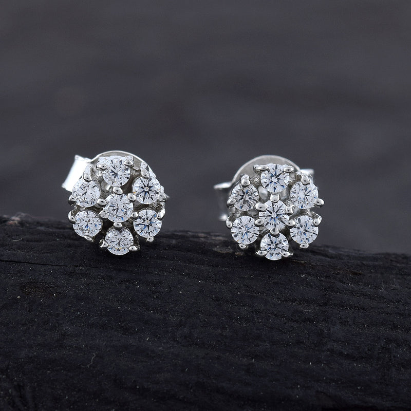 Handcrafted in 925 Sterling Silver Earring Studded With Cubic Zirconia Flower Round Shape With  Black Background 