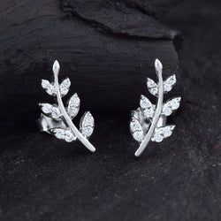 Handcrafted in 925 Sterling Silver Stone Leaf Design Stud Earing Studded With Cubic Zirconia stones 