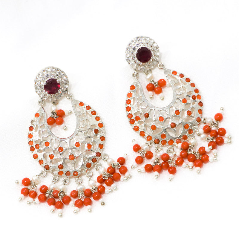 92.5% Sterling Silver Coral Chand Bali Earrings.