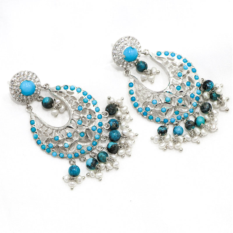 92.5% Sterling Silver Turquoise Chand Bali Earrings.