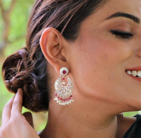 92.5% Sterling Silver Ruby Chand Bali Earrings.