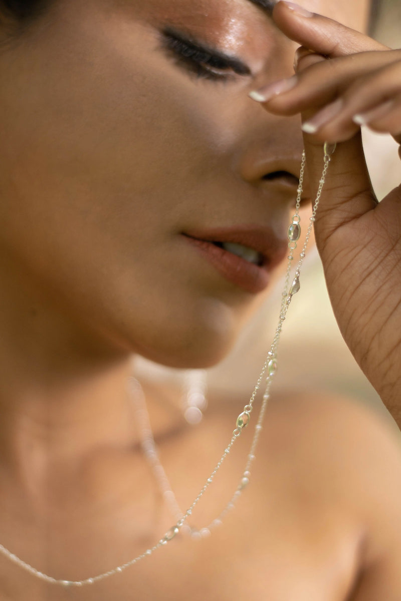White Topaz 6*4mm oval cut Silver Chain Earring Set