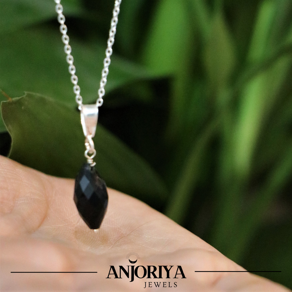 Black Onyx Drop Sterling Silver Pendant With Link Chain